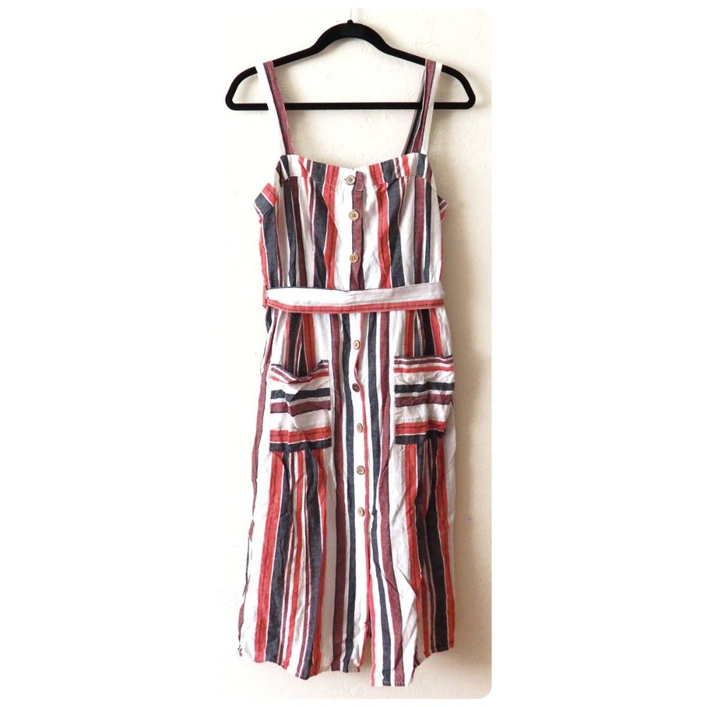 * Primark Sleeveless Belted Stripe Pocket Button Front Midi Dress sz US 10